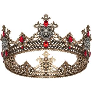 imageSWEETV Animal Totem King Crown for Men and Women Lion Crown Medieval Metal Tiara Costume Hair Accessories for Knight Witch Gothic Viking Halloween LionAntique Gold Red