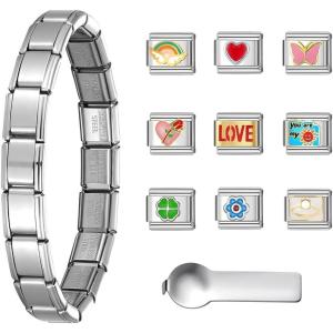 imageSWEETV Stainless Steel 18 Link Polish Italian Charm Bracelet with 1Pcs Starter Brascelet 9Pcs20Pcs Charms and Opening Tools Classic 9mm Modular Charm Personalized Jewelry GiftLoveSilver
