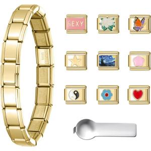 imageSWEETV Stainless Steel 18 Link Polish Italian Charm Bracelet with 1Pcs Starter Brascelet 9Pcs20Pcs Charms and Opening Tools Classic 9mm Modular Charm Personalized Jewelry GiftDGold