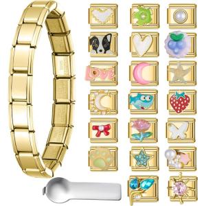 imageSWEETV Stainless Steel 18 Link Polish Italian Charm Bracelet with 1Pcs Starter Brascelet 9Pcs20Pcs Charms and Opening Tools Classic 9mm Modular Charm Personalized Jewelry GiftEGold