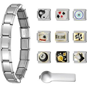 imageSWEETV Stainless Steel 18 Link Polish Italian Charm Bracelet with 1Pcs Starter Brascelet 9Pcs20Pcs Charms and Opening Tools Classic 9mm Modular Charm Personalized Jewelry GiftDSilver