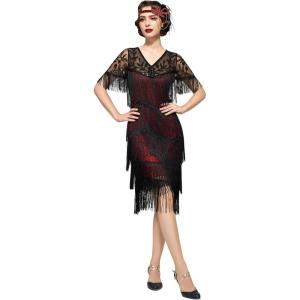 image:imageSWEETV YESSA 1920s Vintage Flapper Dresses for Women Fringed Great Gatsby Dresses Roaring 20s Dress with SleeveBlackred
